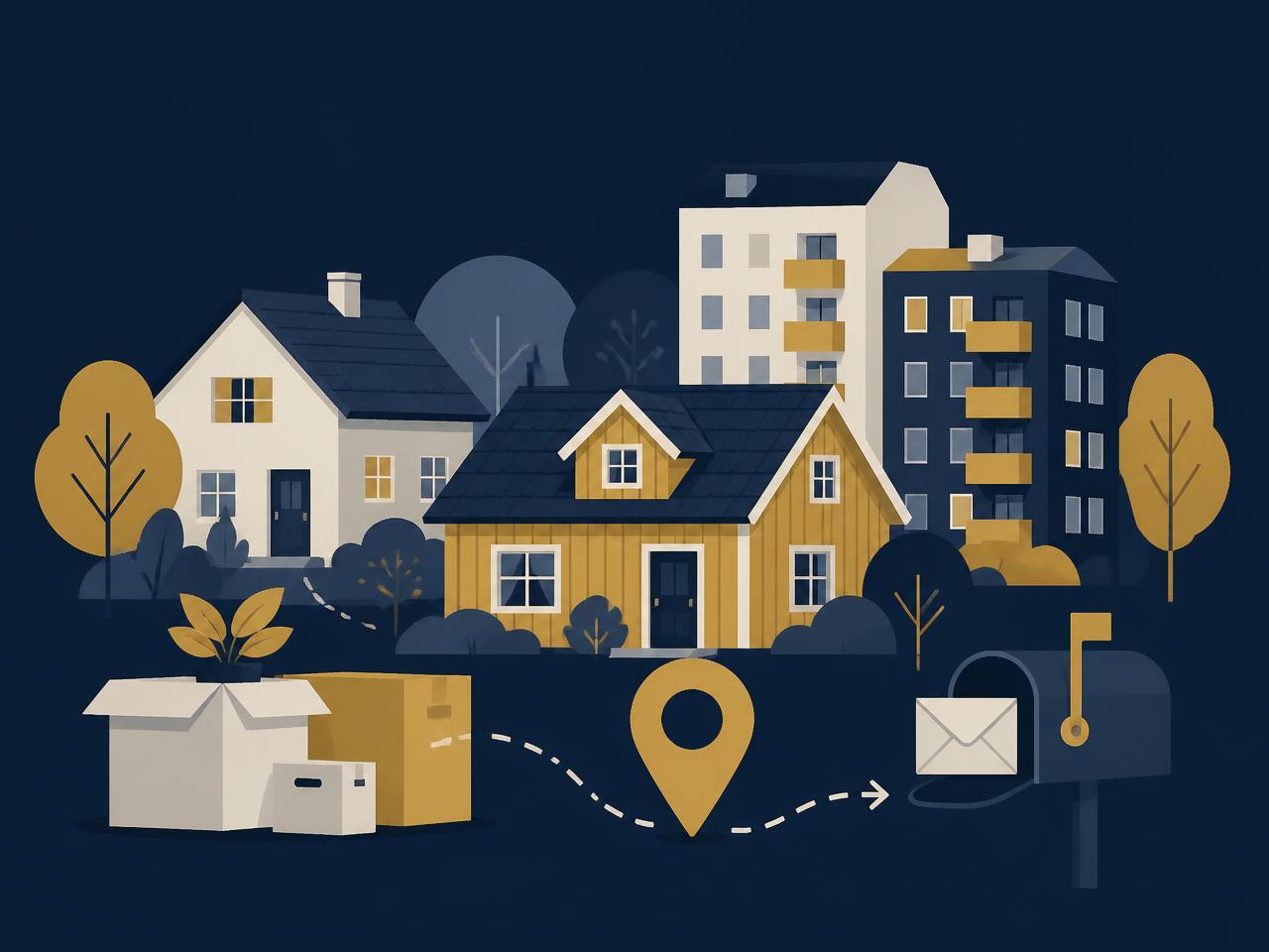 Illustration av flyttlådor, adressymbol och brevlåda som visar hur adressändringar bevakas