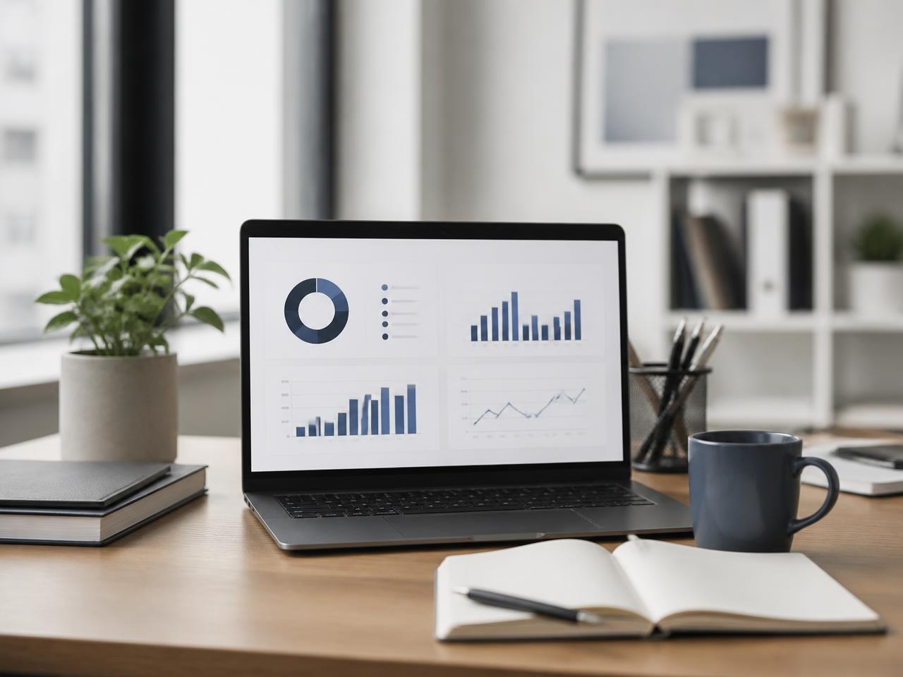 Skrivbord med laptop som visar marknadsdata och statistik för kampanjuppföljning